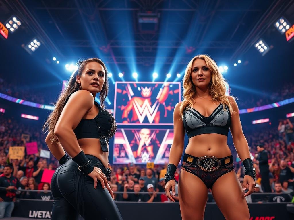 A dynamic WWE scene featuring Rhea Ripley and Becky Lynch preparing for a high-stakes women’s championship rematch. In the foreground, Rhea Ripley, wearing her iconic black wrestling attire with edgy accessories, showcases intense focus as she stands with hands on hips, ready for action. Becky Lynch, in her stylish wrestling gear, exudes confidence and determination, capturing the rivalry's energy. The middle ground reveals a cheering crowd in a vibrant arena, holding colorful signs and lighting that creates a thrilling atmosphere. Background elements include bright spotlights illuminating the wrestling ring, and a large LED screen displaying the match's title. The lighting is dramatic with a slight shadow effect, emphasizing the tension and anticipation of the rematch, evoking a sense of excitement and empowerment.