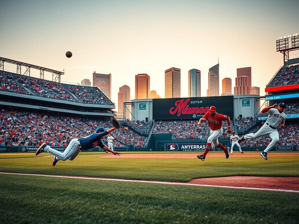 A dynamic baseball scene capturing the thrilling rivalry between the Mets and Rangers. In the foreground, two players in action: a Mets outfielder in a blue and orange uniform, gracefully diving for a fly ball, while a Rangers player in red and white uniform sprinting towards the base. The middle ground features a vibrant stadium filled with enthusiastic fans wearing gear from both teams, creating a sea of contrasting colors. In the background, the skyline of a bustling city glimmers under a warm sunset, casting a golden light over the field. The atmosphere is electric and tense, reflecting the pressures and aspirations of both teams. The shot is taken from an angle low to the ground, emphasizing the movement and intensity of the moment, with a slightly blurred depth of field to enhance the focus on the players.