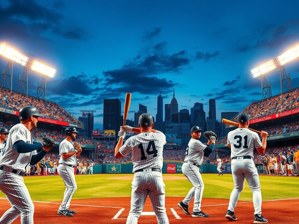 A dynamic baseball scene illustrating an intense interleague showdown under bright stadium lights. In the foreground, a diverse group of professional baseball players in crisp uniforms, showcasing a mix of iconic teams like the Yankees, poised in ready stances with bats and mitts, showcasing a sense of excitement and determination. The middle ground features a bustling stadium filled with enthusiastic fans, wearing team colors and waving banners, capturing the vibrant atmosphere. In the background, a panoramic view of a city skyline at twilight, symbolizing the importance of these key series. The image is illuminated by the glow of floodlights, giving a warm and inviting ambiance, while the overall mood conveys anticipation and rivalry. Shot in a wide-angle lens to encompass the grandeur of the event.