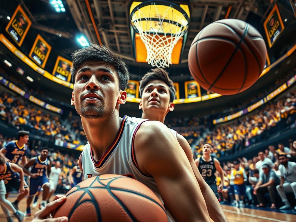 A dynamic basketball scene capturing a pivotal moment in the game, featuring a focused young player, Jake LaRavia, in Lakers gear, dribbling the ball towards the hoop. The foreground shows LaRavia with a determined expression, showcasing a bandaged mouth to indicate his previous tooth injury. In the middle ground, teammates and opponents are in action, displaying their athleticism as they converge around him. The background highlights a vibrant arena filled with cheering fans in Lakers colors, with bright overhead lights illuminating the court. The atmosphere is electric and intense, clearly depicting the emotions of a competitive game. Use a low-angle shot to emphasize LaRavia's upward momentum, with rich colors and sharp contrasts to enhance the excitement of the moment. A dynamic basketball scene capturing a pivotal moment in the game, featuring a focused young player, Jake LaRavia, in Lakers gear, dribbling the ball towards the hoop. The foreground shows LaRavia with a determined expression, showcasing a bandaged mouth to indicate his previous tooth injury. In the middle ground, teammates and opponents are in action, displaying their athleticism as they converge around him. The background highlights a vibrant arena filled with cheering fans in Lakers colors, with bright overhead lights illuminating the court. The atmosphere is electric and intense, clearly depicting the emotions of a competitive game. Use a low-angle shot to emphasize LaRavia's upward momentum, with rich colors and sharp contrasts to enhance the excitement of the moment.