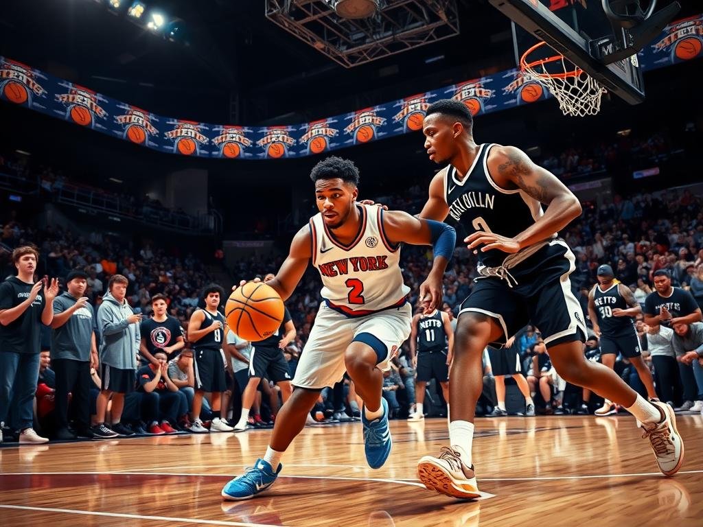 A dynamic basketball scene featuring Jalen Brunson of the New York Knicks going head-to-head against a Brooklyn Nets player during an intense game. In the foreground, showcase Brunson dribbling the ball with determination, wearing his Knicks jersey, while a Nets player attempts to block him, dressed in their classic black and white uniform. In the middle ground, teammates on both sides react with excitement and tension, each displaying a mix of anticipation and focus. The background captures the vibrant energy of a packed arena, with fans wearing Knicks and Nets gear, cheering passionately. Bright overhead arena lights create dramatic contrast, enhancing the competitive atmosphere. Use a slightly elevated perspective to emphasize the action, giving a sense of fast pace and intensity, in a moment frozen in time. A dynamic basketball scene featuring Jalen Brunson of the New York Knicks going head-to-head against a Brooklyn Nets player during an intense game. In the foreground, showcase Brunson dribbling the ball with determination, wearing his Knicks jersey, while a Nets player attempts to block him, dressed in their classic black and white uniform. In the middle ground, teammates on both sides react with excitement and tension, each displaying a mix of anticipation and focus. The background captures the vibrant energy of a packed arena, with fans wearing Knicks and Nets gear, cheering passionately. Bright overhead arena lights create dramatic contrast, enhancing the competitive atmosphere. Use a slightly elevated perspective to emphasize the action, giving a sense of fast pace and intensity, in a moment frozen in time.