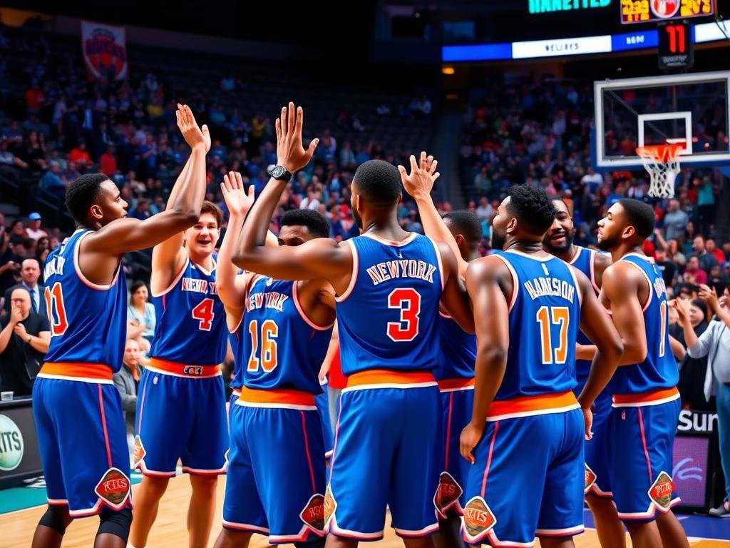 A dynamic basketball scene showcasing the New York Knicks celebrating a decisive victory against the Charlotte Hornets. In the foreground, a group of Knicks players in blue and orange uniforms, displaying strong, triumphant poses, high-fiving and embracing each other with joyful expressions. In the middle ground, fans in the stands are cheering enthusiastically, holding Knicks banners and wearing team gear. The background captures a packed arena with vibrant lighting illuminating the players and the crowd, evoking an electrifying atmosphere. The angle is slightly elevated, as if from the perspective of a reporter in the stands, adding depth to the scene. The lighting is bright and colorful, reflecting the excitement of a hard-fought game that signifies momentum for the Knicks.