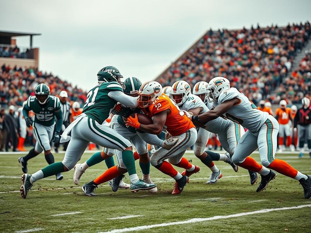A dynamic football scene depicting a thrilling December game with intense physicality on the field. In the foreground, two players in professional sports gear, one in a green uniform representing the Jets, and the other in a vibrant orange uniform for the Dolphins, are engaged in a fierce tackle. The middle ground shows multiple players fighting for position as they push forward, showcasing their determination and teamwork, with grass and mud flying from their cleats. In the background, a cheering crowd under a chilly, overcast sky adds to the atmosphere, emphasizing the urgency of the game. Use natural lighting to cast dramatic shadows, and capture the moment from a low angle to enhance the sense of action and intensity, conveying the essence of a competitive December football match.