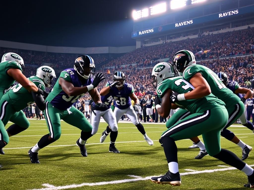 A dynamic football scene highlighting defensive turning points during a game between the Jets and Ravens. In the foreground, a group of focused players in vibrant green and purple uniforms are engaged in a high-pressure moment, showcasing an intense play with a defensive lineman breaking through the offensive line to create pressure. In the middle ground, a player is intercepting a pass, exemplifying a crucial takeaway, while a defensive back stands poised in the red zone, visually blocking an opponent, emphasizing their strong stand. The background captures a packed stadium filled with enthusiastic fans under bright stadium lights, creating an electric atmosphere. Use a slightly low angle to emphasize the intensity, with dramatic shadows and vivid colors to enhance the action-packed mood.