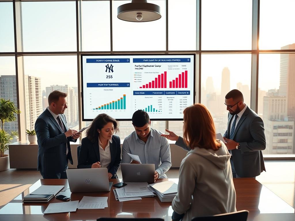 A dynamic office scene illustrating the financial implications of acquiring Corey Seager for the New York Yankees. In the foreground, a diverse group of three professional figures, dressed in business attire, engage in an animated discussion over financial documents and a laptop displaying payroll charts. The middle ground features a large screen showing colorful graphs and statistics related to payroll and luxury taxes, with Yankees baseball icons subtly integrated. The background displays a modern office environment with large windows showcasing the New York skyline, bathed in soft afternoon light for an optimistic atmosphere. The composition should convey a sense of urgency and excitement, focusing on the potential changes to the team's financial landscape.