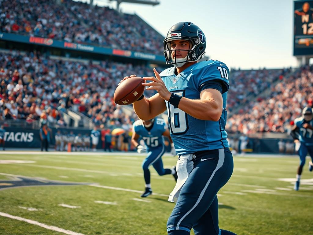 A dynamic scene capturing a Titans quarterback in action on the football field, showcasing a moment of intense focus and athleticism. In the foreground, the quarterback, dressed in the Titans’ official uniform, is poised to throw a pass, muscles tensed and expression determined. In the middle ground, a rookie player, also in Titans attire, is running a route, ready to receive the ball, symbolizing hope and potential. The background features a vibrant stadium brimming with cheering fans, their team colors creating a sea of enthusiasm. The lighting is bright and stadium-like, highlighting the players and enhancing the overall energy. The perspective is slightly angled, adding depth and motion to the scene, conveying a thrilling atmosphere of competition and teamwork.