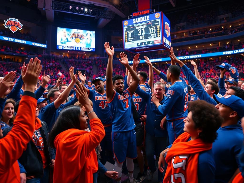 A dynamic scene capturing the New York Knicks celebrating their recent victory, featuring an indoor basketball arena filled with cheering fans in Knicks colors (blue and orange). In the foreground, a diverse group of professional and modestly dressed fans enthusiastically waving Knicks merchandise and high-fiving each other. The middle-ground showcases players, including Karl-Anthony Towns, joyfully interacting and celebrating with teammates, showcasing their triumph. The background depicts a vibrant LED scoreboard highlighting the final score, accented by the bright arena lights casting an exciting atmosphere. Use a wide-angle lens perspective to emphasize the energy of the crowd and players, with a focus on warm, inviting lighting to convey a sense of triumph and camaraderie. The overall mood is uplifting and celebratory, encapsulating the spirit of victory and teamwork. A dynamic scene capturing the New York Knicks celebrating their recent victory, featuring an indoor basketball arena filled with cheering fans in Knicks colors (blue and orange). In the foreground, a diverse group of professional and modestly dressed fans enthusiastically waving Knicks merchandise and high-fiving each other. The middle-ground showcases players, including Karl-Anthony Towns, joyfully interacting and celebrating with teammates, showcasing their triumph. The background depicts a vibrant LED scoreboard highlighting the final score, accented by the bright arena lights casting an exciting atmosphere. Use a wide-angle lens perspective to emphasize the energy of the crowd and players, with a focus on warm, inviting lighting to convey a sense of triumph and camaraderie. The overall mood is uplifting and celebratory, encapsulating the spirit of victory and teamwork.