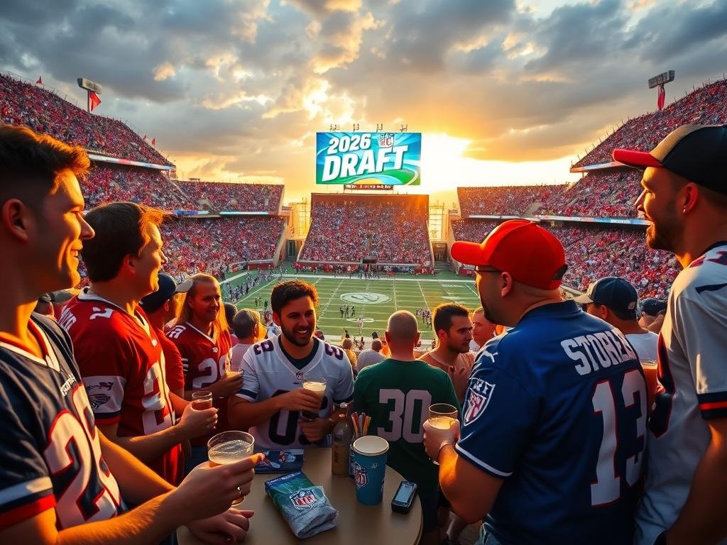 A dynamic scene capturing the essence of NFL fandom. In the foreground, a diverse group of fans, dressed in various team jerseys, eagerly discussing key storylines over drinks and snacks. The middle ground features a vibrant football stadium filled with cheering spectators, showcasing team colors and flags waving proudly. In the background, a dramatic sunset casts a warm golden light, enhancing the excitement and energy of the atmosphere. Incorporate elements like a giant scoreboard displaying "2026 NFL Draft" as a focal point. The mood is lively and anticipatory, with a focus on camaraderie and passion for football. Use a wide-angle lens effect to capture the breadth of fan emotion and engagement in this exhilarating moment.