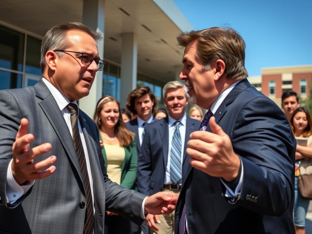 A dynamic scene capturing the pivotal moment of Charlie Kirk in a formal business suit, engaged in a heated debate with a university official at Utah Valley University. The foreground features Charlie Kirk passionately gesturing, with a focused expression, while the official, also in professional attire, looks on intently. The middle ground showcases students and onlookers observing the exchange with mixed expressions of confusion and concern. The background reveals the modern architecture of the university campus under a clear blue sky. Natural lighting illuminates the scene, highlighting the tension of the moment, with a slight depth of field to emphasize the interaction. The atmosphere is charged, reflecting the significance of the incident without glorifying violence.