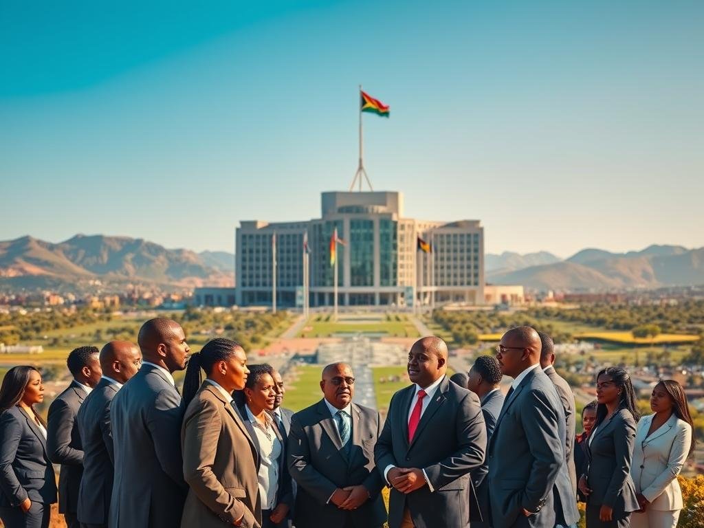 A dynamic scene capturing the political landscape of Southern Africa following a significant election victory. In the foreground, a diverse group of professionals dressed in tailored business suits stands together, discussing with focused expressions, symbolizing unity and determination. In the middle ground, a large, modern government building looms, featuring flags of Southern Africa, with a clear blue sky above, reflecting hope and ambition. The background showcases a panoramic view of the Southern African landscape, merging urban and rural elements, including rolling hills and native flora. Soft, golden lighting bathes the scene, creating an optimistic and inspiring atmosphere. The camera angle is slightly elevated, emphasizing both the people and the architectural grandeur behind them, blending a sense of celebration with forward-looking resolve.