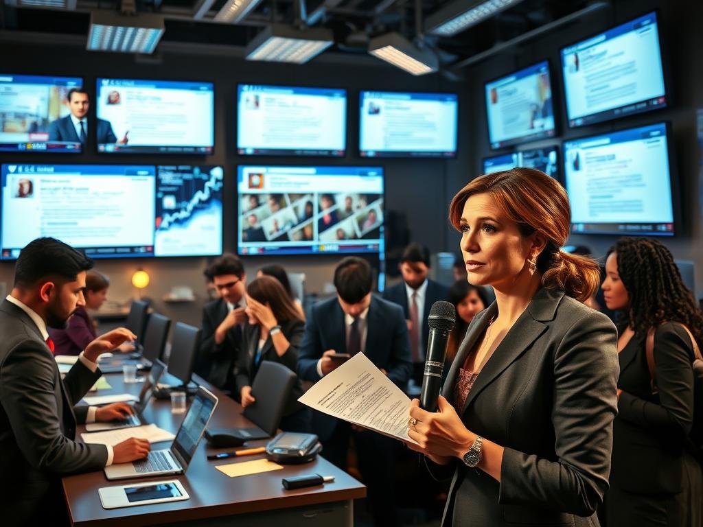 A dynamic scene depicting a diverse group of professionals in a modern newsroom, engaging with multiple screens displaying live news reports and social media feeds reacting to a prominent case. In the foreground, a confident female reporter in smart business attire speaks passionately into a microphone, embodying the media's role in shaping public opinion. The middle ground features colleagues hurriedly discussing and analyzing the situation, with legal documents and laptops open on their desks. The background showcases flickering screens filled with social media reactions, hashtags, and various charts illustrating public sentiment. The lighting is bright and focused, creating a sense of urgency and importance, while the overall atmosphere is tense yet charged with energy, highlighting the intersection of public reaction and media coverage.