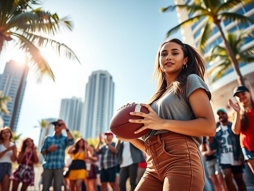 A dynamic scene depicting a young woman balancing her life in the spotlight, situated at a vibrant Miami location, showcasing elements of fame, football, and reality TV. In the foreground, the woman, styled in chic yet modest casual attire suitable for a social event, stands confidently holding a football, exuding a sense of empowerment and charisma. In the middle ground, a group of diverse fans and supporters cheer enthusiastically, interacting with the atmosphere of a lively football event. In the background, glamorous Miami skyscrapers and palm trees under a bright blue sky create a sunny, energetic ambiance. The lighting is warm and inviting, emphasizing the joy and excitement of life in the public eye. The perspective captures a slightly upward angle, symbolizing aspiration and the challenges of stardom.
