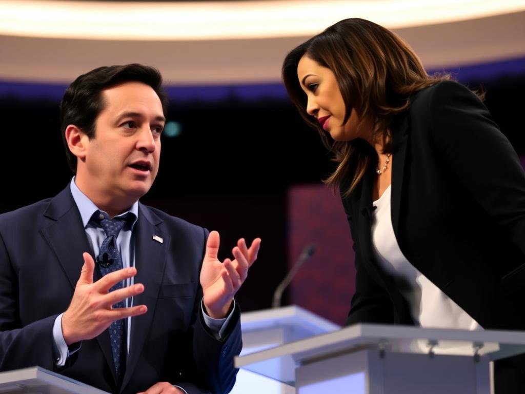 A dynamic scene featuring Ben Shapiro, a middle-aged man with short dark hair, wearing a tailored navy suit and a light blue dress shirt, passionately engaging in a debate against Kamala Harris, a woman of South Asian descent with long dark hair, dressed in a professional black blazer and white top. In the foreground, Shapiro is gesturing emphatically, his expression intense yet composed. Harris is leaning in, countering with a poised yet firm demeanor. The background showcases a modern debate stage with subtle lighting highlighting the figures, creating a dramatic atmosphere. A shallow depth of field gives focus to their interaction, enhancing the sense of a pivotal moment in discussion, capturing tension and intellectual exchange.