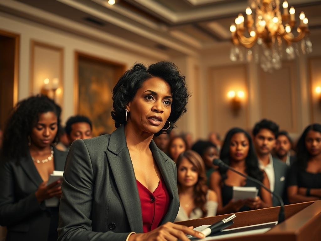 A dynamic scene featuring Halle Berry standing confidently at a podium, addressing an audience with passion about social justice and advocacy. She wears a professional yet stylish business suit, exuding determination and charisma. In the foreground, her expression conveys conviction and strength. In the middle ground, captivated audience members of diverse backgrounds listen intently, some taking notes, reflecting the importance of her message. The background shows a tastefully decorated event space, with soft lighting creating a warm atmosphere, spotlighting Halle Berry. The image captures the essence of her advocacy focus, emphasizing empowerment and dialogue in a professional setting. The angle is slightly below eye level, enhancing the heroic perspective of Berry.