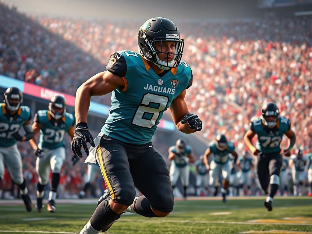 A dynamic scene illustrating a young football player, Travis Hunter, in an action-packed moment on the field, showcasing his rookie impact before sustaining an injury. In the foreground, he is mid-play, wearing a Jaguars uniform, exuding focus and determination. His muscular build and swift movements capture the essence of athleticism. The middle ground features teammates and opposing players, emphasizing the competitive atmosphere of a game. The background showcases a vibrant stadium filled with fans, their excitement palpable. Use dramatic lighting to highlight Travis, casting soft shadows that enhance his features. The angle should be slightly low, giving a heroic perspective. The overall mood should convey intensity and passion, representing the player's fleeting moments of brilliance before adversity strikes.