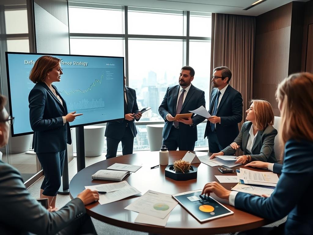 A dynamic scene in an elegant conference room, featuring a diverse group of professionals engaged in strategic discussions about defense strategy and fundraising. In the foreground, a female executive in a tailored navy suit presents a financial chart on a sleek digital screen. Beside her, a male counselor in business attire takes notes on a tablet, demonstrating active participation. In the middle ground, a round table is filled with documents and reports, while team members engage in animated conversation, collectively brainstorming ideas. The background showcases a large window revealing a city skyline, with soft natural light streaming in, creating a focused yet hopeful atmosphere. The overall mood is professional, illustrating collaboration, strategy, and innovation.