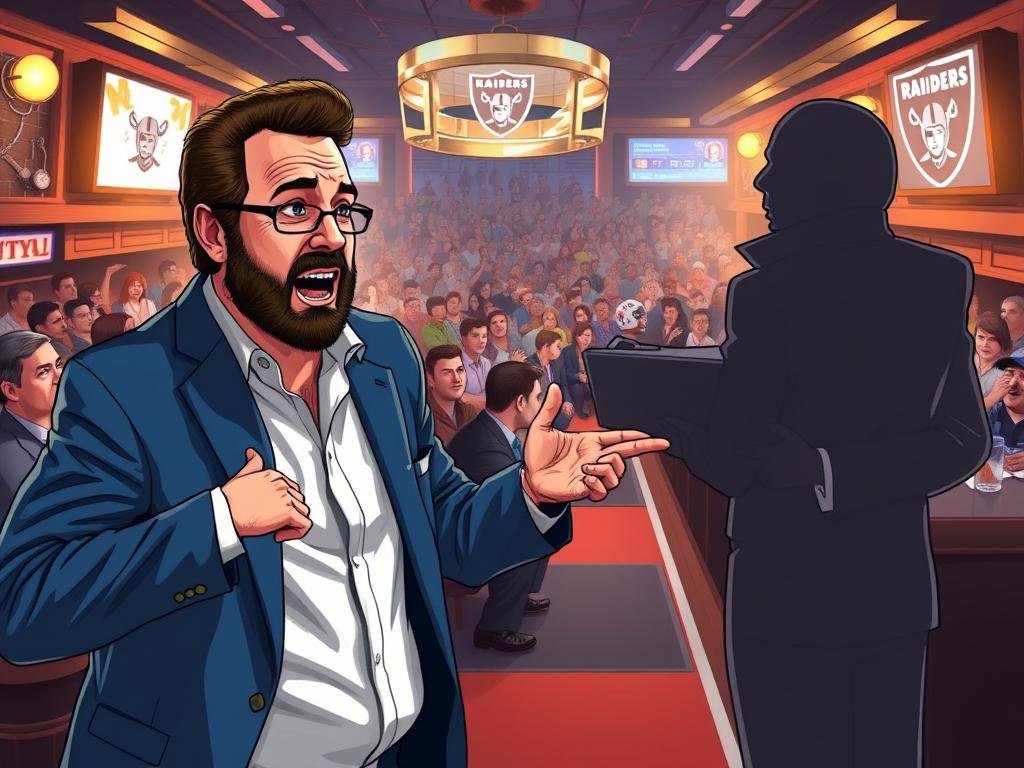 A dynamic split-scene illustration capturing the lively debate between Barstool Sports' Dave Portnoy and a fictional representation of Raiders news rumors. In the foreground, Dave Portnoy, wearing a stylish blue blazer over a white shirt, is animatedly expressing his opinions with a confident stance, showcasing a mixture of frustration and humor. To the right, a conceptual figure symbolizing Raiders news, depicted as a shadowy figure holding a clipboard, conveys an air of skepticism, representing the media's reactions. In the middle ground, a backdrop of a bustling sports bar filled with fans watching a game, illuminated by warm lighting, sets a vibrant atmosphere that reflects the spirited discussions around the recent Raiders-Broncos game. Capture the intensity of sports debate with a cinematic angle, highlighting the energy and tension in the scene.