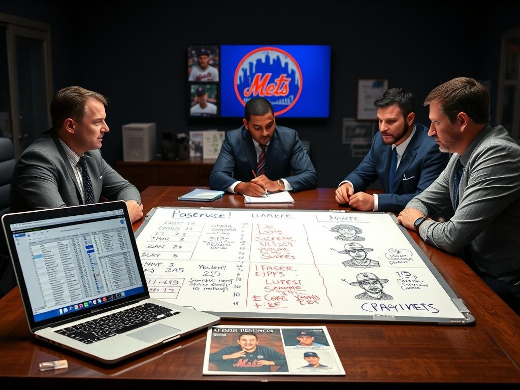 A dynamic sports office scene capturing the essence of the New York Mets offseason, featuring a diverse group of three professionals in business attire engaged in an intense discussion around a large conference table. The foreground showcases an open laptop displaying player statistics, scouting reports, and a large whiteboard filled with strategic notes around potential trades and roster adjustments. In the middle ground, a detailed bulletin board features images of key players like Byron Buxton, symbolizing exchange possibilities. The background highlights a darkened meeting room with soft, focused lighting, accentuating the urgency and strategic planning of baseball management. The atmosphere evokes a sense of determination and excitement, hinting at the complexities of player negotiations and team dynamics during the offseason.