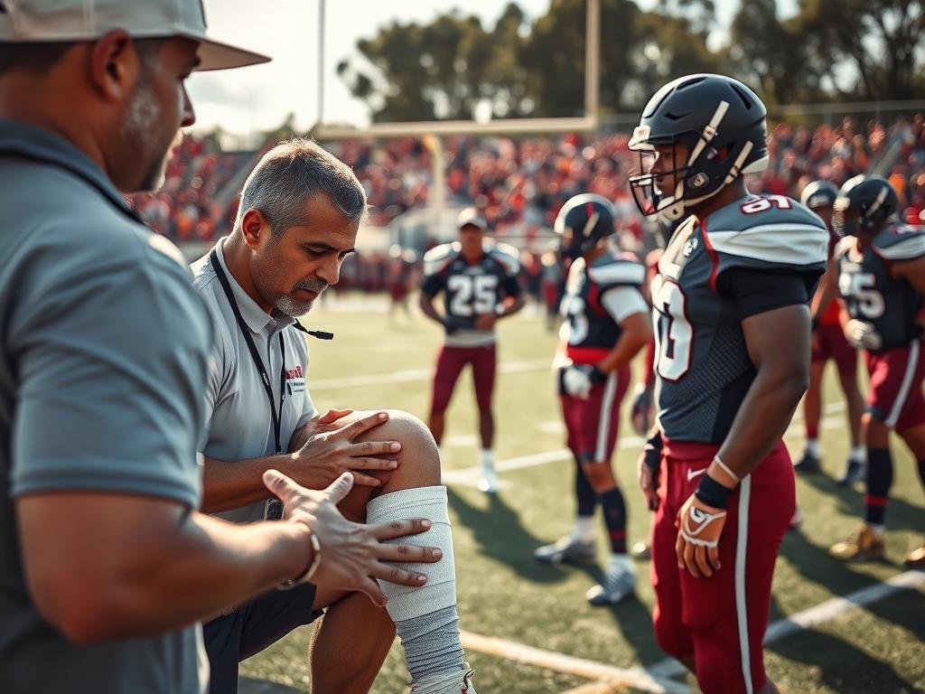 A dynamic sports scene capturing the intensity of a football practice session. In the foreground, focus on a professional athletic trainer examining a player with a bandaged knee, showcasing the theme of injuries and recovery. In the middle, feature a diverse group of players in athletic attire, some discussing strategy while others warm up, symbolizing team dynamics amidst adversity. The background should show a football field with goalposts and a cheering crowd blurred out, to convey excitement. Use bright, natural lighting to evoke a sense of hope and resilience. The image should be shot from a low angle, emphasizing the action and urgency on the field, creating an atmosphere of determination and teamwork.