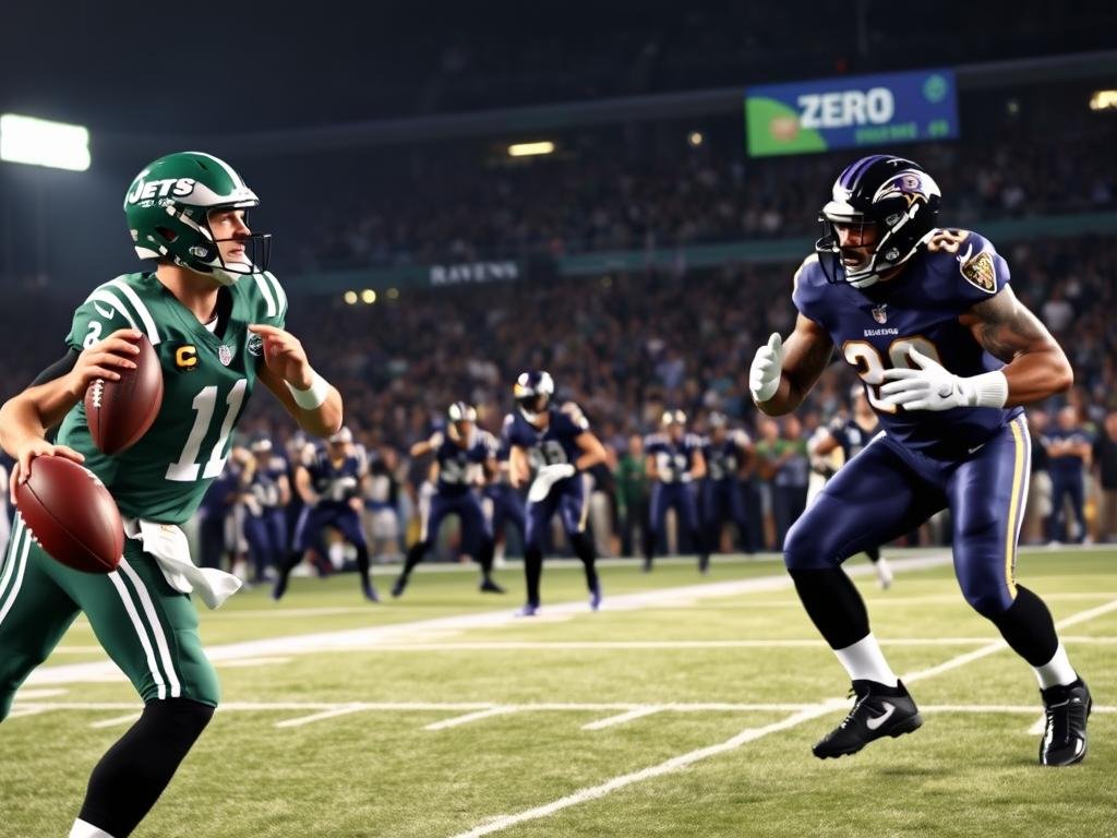A dynamic sports scene depicting a clash between two football teams, the Jets and Ravens, showcasing key players in action. In the foreground, feature a determined quarterback in a green uniform, poised to throw a pass, with intense focus on his face. To his right, a fierce defender in purple lunges to intercept, embodying the "zero" who disrupts the play. The middle ground captures teammates in various athletic stances, each displaying a range of emotions from determination to frustration. In the background, fans are visible, cheering passionately, creating an electric atmosphere. Use bright stadium lights to illuminate the scene, casting dramatic shadows that emphasize the players' movements. The overall mood is tense and competitive, conveying the stakes of the match.