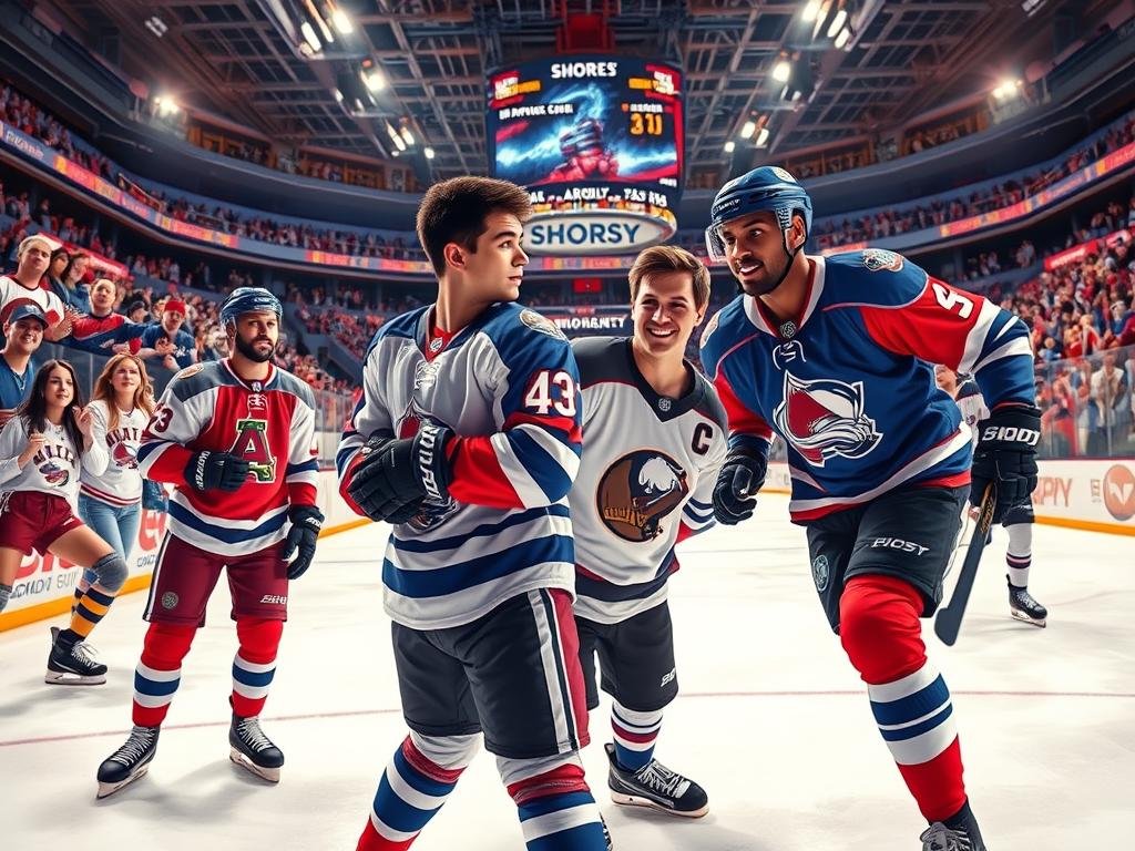 A dynamic sports scene depicting the cast of "Shoresy" featuring Nolans, Diaby, and fan-favorite characters, set in a vibrant ice hockey arena. In the foreground, show Nolans and Diaby confidently engaged in a playful rivalry, both wearing stylish hockey jerseys reflecting their team colors. Behind them, a cheering crowd of enthusiastic fans in varied clothing adds energy to the atmosphere. The middle ground has a well-lit hockey rink, with bright overhead lights casting a glossy sheen on the ice surface. In the background, a large scoreboard displays the score, enhancing the competitive mood. Use a slightly low-angle perspective to convey the excitement of the moment, with a focus on expression and camaraderie, ensuring a fun, spirited ambiance.