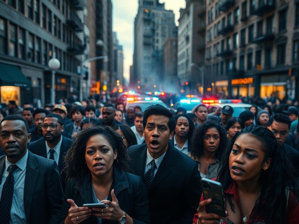 A dynamic urban scene capturing the intensity of a riot in New York City. In the foreground, diverse residents dressed in professional business attire and modest casual clothing express concern and urgency, their faces a mixture of fear and determination. The middle ground shows groups of people gathering, engaging in animated discussions, some holding phones, documenting the chaos around them. In the background, blurred police vehicles with lights flashing add to the atmosphere of tension, while buildings loom overhead, displaying signs of urban life. The lighting is dramatic, with a somewhat moody and surreal twilight setting, casting long shadows that enhance the emotional weight of the scene. The overall mood is one of urgency and community resilience amidst turmoil, evoking a visceral sense of place and emotion.