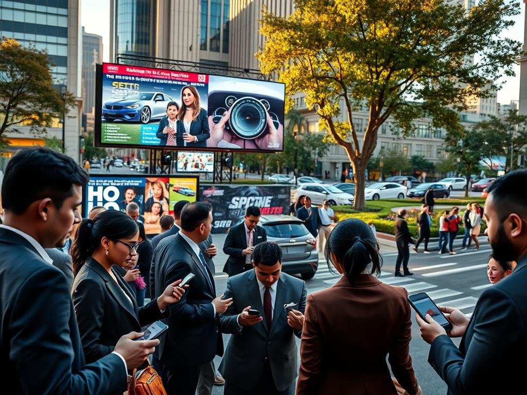 A dynamic urban scene capturing the intersection of media, social interaction, and sports culture, with a focus on a diverse group of individuals in professional business attire. In the foreground, a diverse group of people is engaging with smartphones and tablets, discussing engaging content related to car culture and community safety. The middle ground features a community event with a vibrant display of media screens showcasing news headlines, social media feeds, and sports clips related to car meets. The background depicts a bustling city street with a park and a small stage set up for public announcements. The lighting is warm and inviting, with a late afternoon sun casting soft shadows, while the atmosphere is charged with energy and urgency, reflecting community involvement. The angle is slightly elevated, offering a comprehensive view that encapsulates the interaction of these elements.