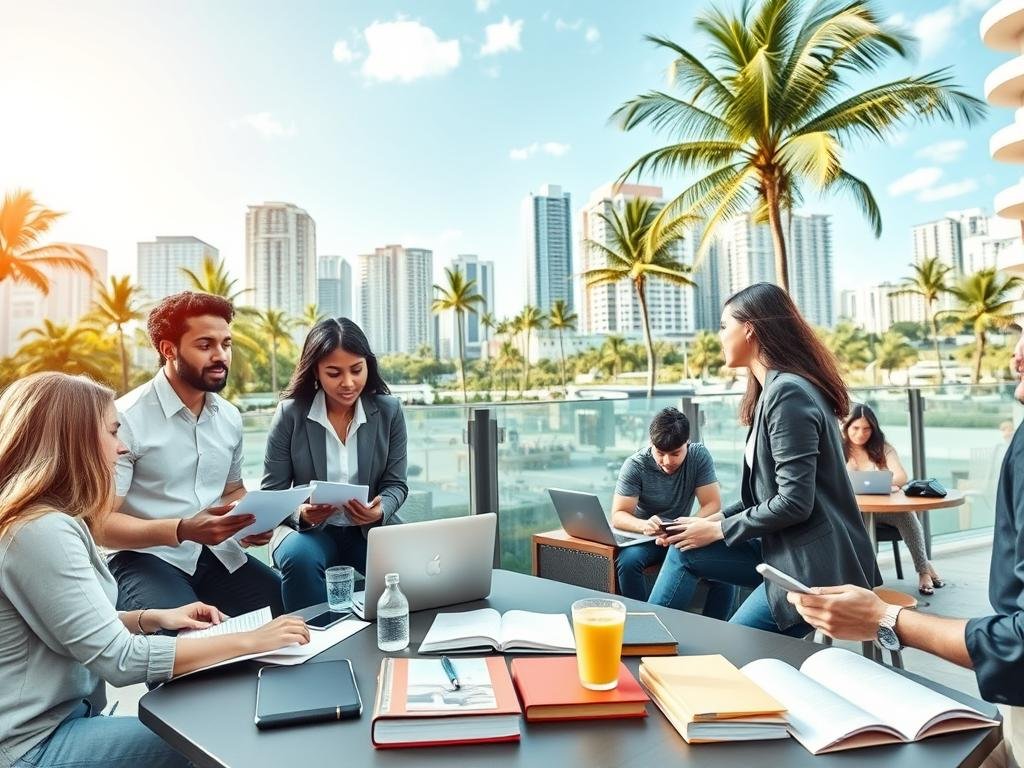 A dynamic urban scene in Miami highlighting the themes of work, school, and entrepreneurial spirit. In the foreground, a group of diverse young professionals in smart casual attire engages in a collaborative discussion at a modern outdoor workspace, laptops open and documents spread out. In the middle ground, a stylish coworking space filled with students studying and brainstorming, showcasing books, tech gadgets, and coffee cups. The background features a vibrant Miami skyline with palm trees and bright blue skies, creating a lively atmosphere. Soft, natural lighting enhances the optimistic mood, with a slight focus on warm colors to evoke creativity and motivation. A wide-angle view captures the energy of this bustling environment, symbolizing ambition and growth.