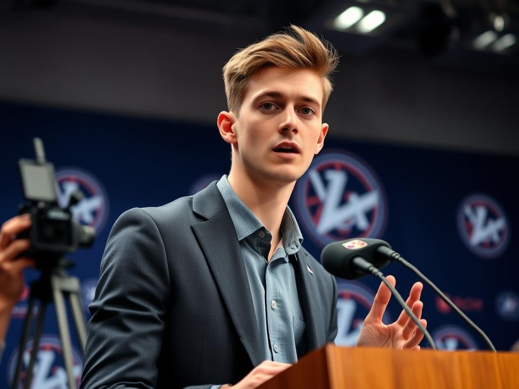 A focused image of Josh Giddey, a young basketball player with a determined expression, standing at a podium in a professional post-game press conference setting. He is wearing a modern, smart-casual outfit, a fitted blazer over a collared shirt, with his signature hairstyle neatly styled. In the foreground, he is leaning slightly forward, capturing a moment of intense engagement as he addresses reporters, his hands gesturing expressively. The middle ground showcases a backdrop with soft-focus media cameras and team logos, while the background features dimly lit surroundings that create a professional atmosphere. Use soft, diffused lighting to enhance the serious mood of the moment, and frame the shot with a slight low-angle perspective to emphasize Giddey's stature and presence.