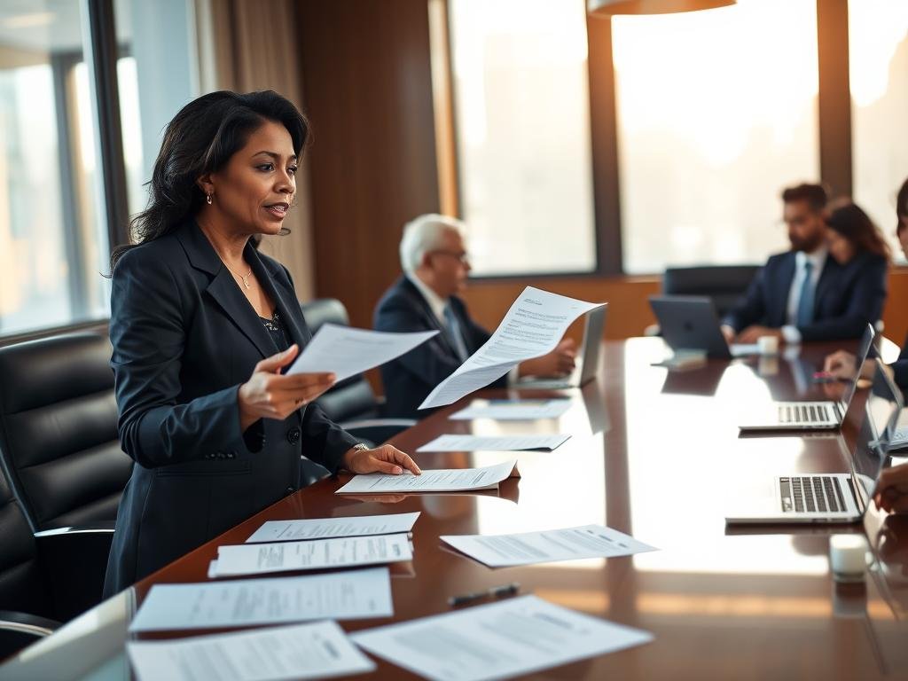 A formal boardroom setting featuring a group of diverse professionals discussing settlement approvals. In the foreground, a middle-aged Black woman in a tailored suit gestures while presenting a document, symbolizing leadership and determination. Beside her, a middle-aged Hispanic man in glasses and a navy suit takes notes. The middle ground displays a polished conference table with laptops and legal documents scattered, creating a sense of urgency. The background shows large windows with soft, natural lighting illuminating the room, casting shadows that add depth. The atmosphere is tense yet focused, emphasizing the serious nature of the discussions related to the 2023 allegations. Capture this scene with a slight depth of field to highlight the foreground characters while blurring the background, maintaining a professional and official mood.