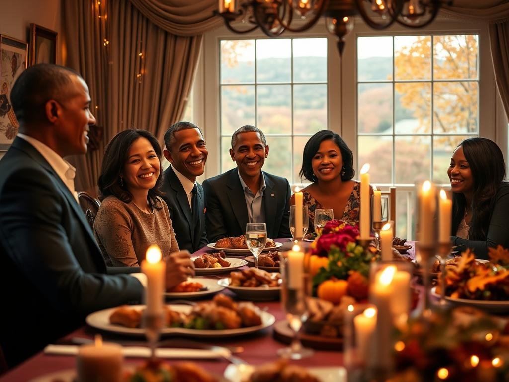 A heartwarming Thanksgiving family scene set in an elegantly decorated dining room, with the Obamas smiling and sharing the moment around a beautifully adorned table filled with traditional holiday dishes. In the foreground, a warm glow from candles and fairy lights creates a cozy atmosphere. The middle section features the family in professional yet casual attire, exuding warmth and connection, while rich autumn colors dominate the decor. In the background, a softly lit window shows a scenic autumn landscape, enhancing the inviting mood. The image should capture the essence of unity and gratitude, with soft focus on the family while gently highlighting the details of the festive setting. Aim for a serene and uplifting ambiance that reflects the importance of family connections in the context of media narratives.