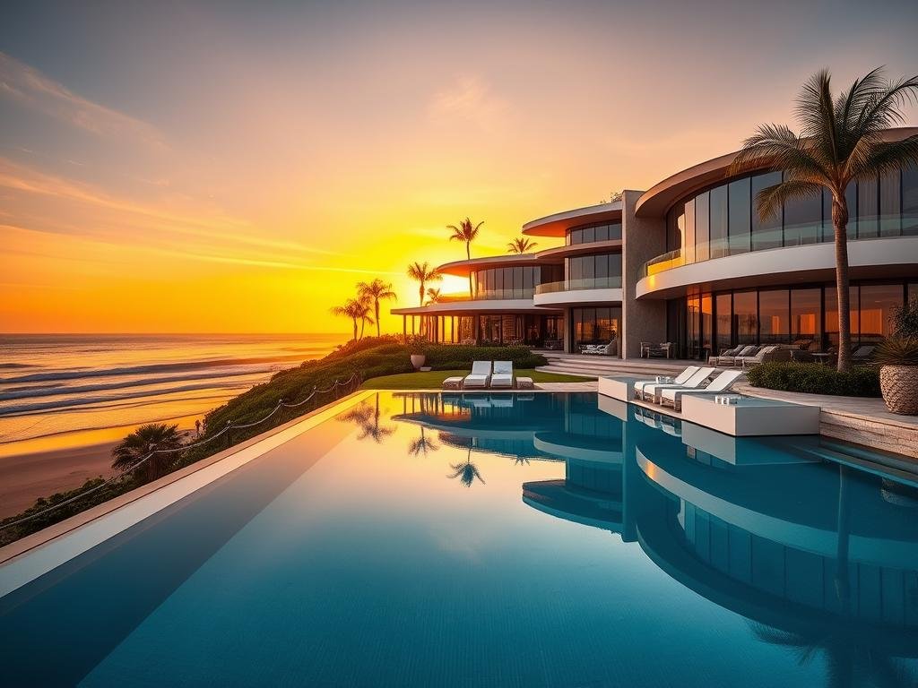 A luxurious Malibu mansion set against the backdrop of a vibrant sunset over the Pacific Ocean. In the foreground, a sleek infinity pool reflects the warm golden hues of the sky, while modern outdoor furniture is arranged for leisure. The middle ground features the mansion's grand façade, showcasing expansive glass windows and a contemporary design with natural stone accents. Lush greenery and palm trees surround the property, enhancing the coastal elegance. The background captures the gentle waves crashing on the sandy beach, with a hint of distant surfers riding the waves. The lighting is soft and inviting, casting long shadows and creating an atmosphere of opulence and tranquility, suggesting a pivotal moment in the mansion's story.