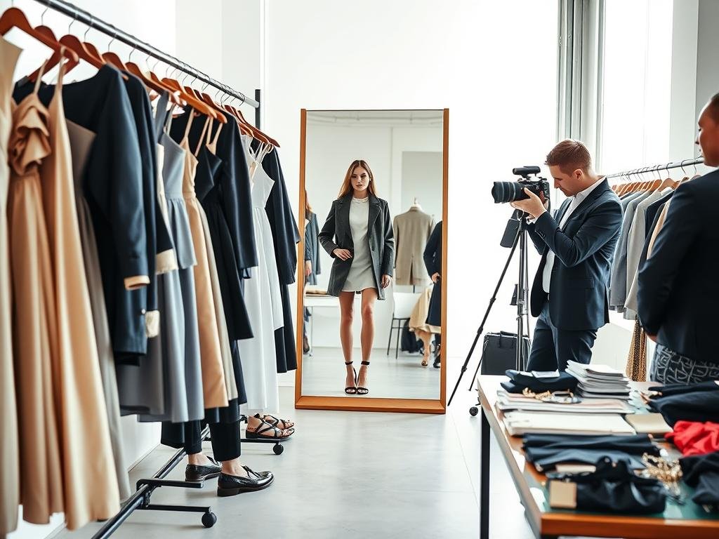 A modern editorial wardrobe process scene set in a bright, stylish studio. In the foreground, a well-organized clothing rack displays a variety of high-fashion garments, including elegant dresses and tailored suits, all in designer labels. A professional stylist, dressed in smart casual attire, meticulously examines fabric swatches next to a table filled with accessories like shoes and jewelry. In the middle ground, a large mirror reflects a model wearing a chic outfit while a photographer captures the moment, using a soft-focus lens for artistic effect. The background showcases a large window with natural light streaming in, creating a vibrant and inspiring atmosphere. The mood is professional and collaborative, highlighting the intricate details and artistry involved in editorial wardrobe selections.