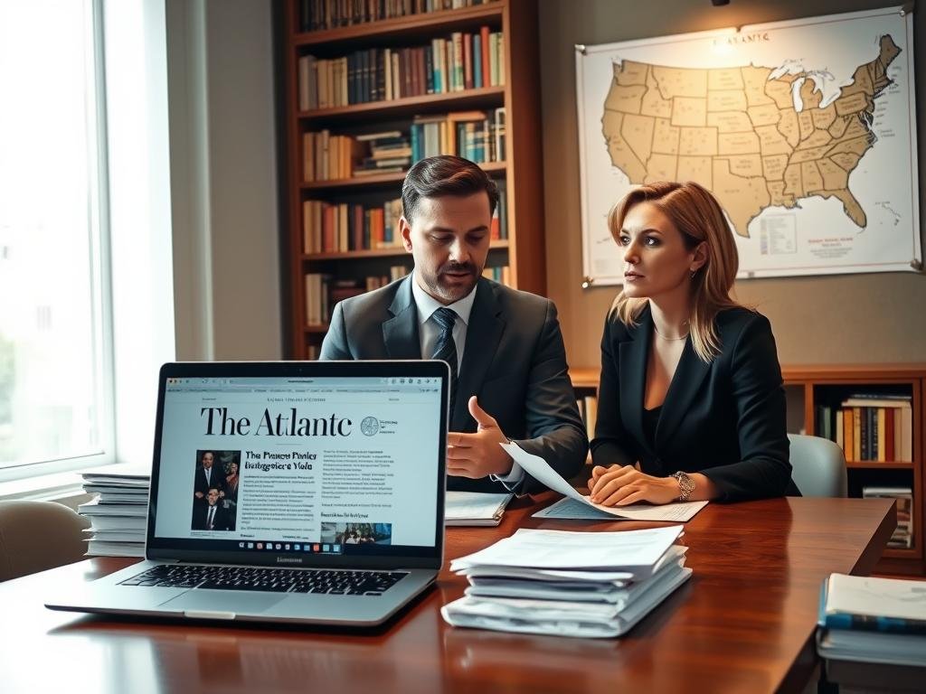 A modern editorial workspace featuring a polished wooden desk, neatly stacked documents, and a laptop displaying a webpage of The Atlantic. In the foreground, a pair of professional journalists, one man and one woman, are engaged in a focused discussion, both dressed in smart business attire. Light from a large window on the left casts natural illumination, highlighting their expressions of concentration. In the background, bookshelves laden with literary works add depth. A large map of the United States is pinned on the wall, subtly indicating a political theme related to the article. The atmosphere is intense yet collaborative, conveying a sense of urgency and professionalism in investigative journalism.