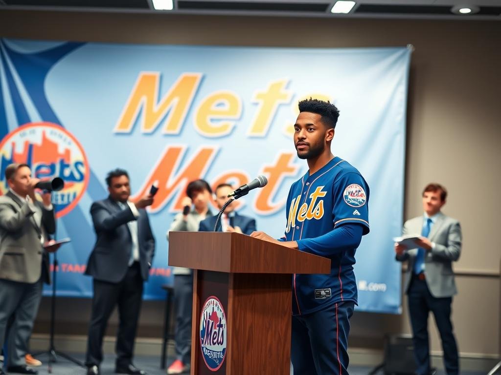 A modern press conference scene in a well-lit room, featuring a podium with a Mets logo. In the foreground, Marcus Semien, a professional baseball player, stands confidently at the podium wearing a tailored Mets jersey and slacks, exuding charisma and leadership. In the middle ground, reporters in business attire raise microphones and note pads, focused intently on Semien, capturing the event’s significance. In the background, a large banner showing the Mets colors and imagery, subtly enhancing the team's identity. The lighting is bright and professional, reflecting a blend of enthusiasm and serious intent, with a slight soft focus on the background to emphasize Semien and the interaction at the podium. The atmosphere is charged with anticipation and hope for the future.