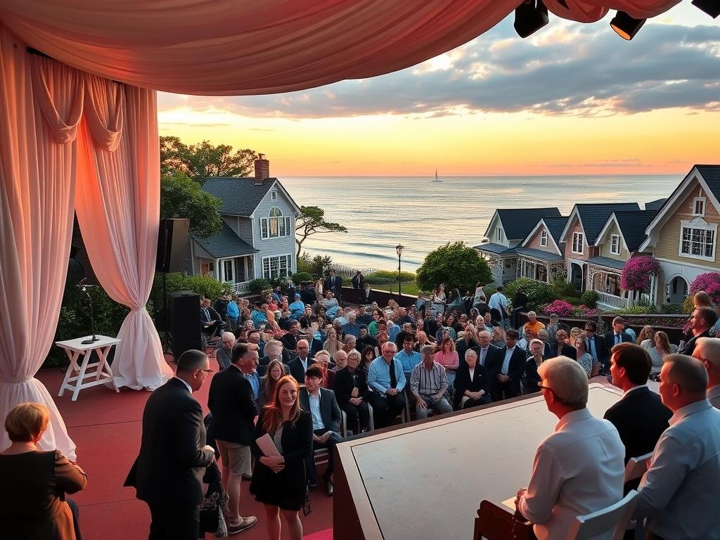 A picturesque scene of Oak Bluffs, Martha’s Vineyard, capturing the charming coastal setting during a golden hour sunset. In the foreground, a beautifully set stage adorned with elegant white drapes and soft lighting, ready for a performance. The middle of the image features a vibrant audience area filled with attendees in professional business attire and modest casual clothing, all enjoying the ambiance. The background showcases classic gingerbread cottages painted in pastel colors, surrounded by lush greenery and blooming flowers, with the tranquil ocean glimmering in the distance. The atmosphere is warm and inviting, infused with excitement for an upcoming event. The scene is captured with a slight angle that offers depth, emphasizing the beauty of the surroundings and the anticipation of the evening ahead. A picturesque scene of Oak Bluffs, Martha’s Vineyard, capturing the charming coastal setting during a golden hour sunset. In the foreground, a beautifully set stage adorned with elegant white drapes and soft lighting, ready for a performance. The middle of the image features a vibrant audience area filled with attendees in professional business attire and modest casual clothing, all enjoying the ambiance. The background showcases classic gingerbread cottages painted in pastel colors, surrounded by lush greenery and blooming flowers, with the tranquil ocean glimmering in the distance. The atmosphere is warm and inviting, infused with excitement for an upcoming event. The scene is captured with a slight angle that offers depth, emphasizing the beauty of the surroundings and the anticipation of the evening ahead.