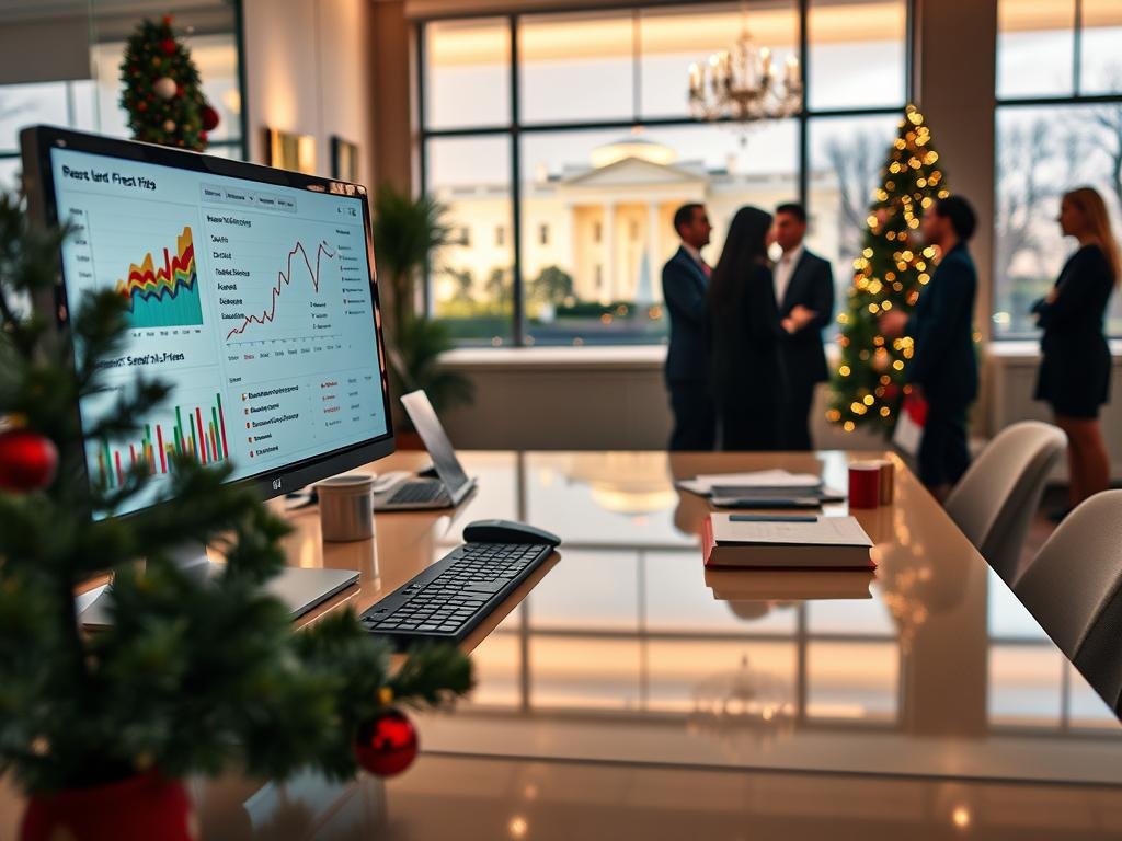 A polished, modern workspace featuring a desk adorned with seasonal decorations, including a small Christmas tree that reflects a cozy atmosphere. In the foreground, a computer screen displays colorful graphs and search trend analytics, symbolizing public interest in the First Lady. The middle ground includes blurred figures of diverse individuals in professional attire discussing reader questions and trends, suggesting collaboration and inquiry. The background is softly lit with warm, inviting tones, showcasing a festive window view of the White House, hinting at the holiday spirit. The overall mood is engaging and informative, capturing a blend of holiday cheer and political curiosity. The perspective is slightly elevated, emphasizing the workspace's importance and making the viewer feel part of the conversation.