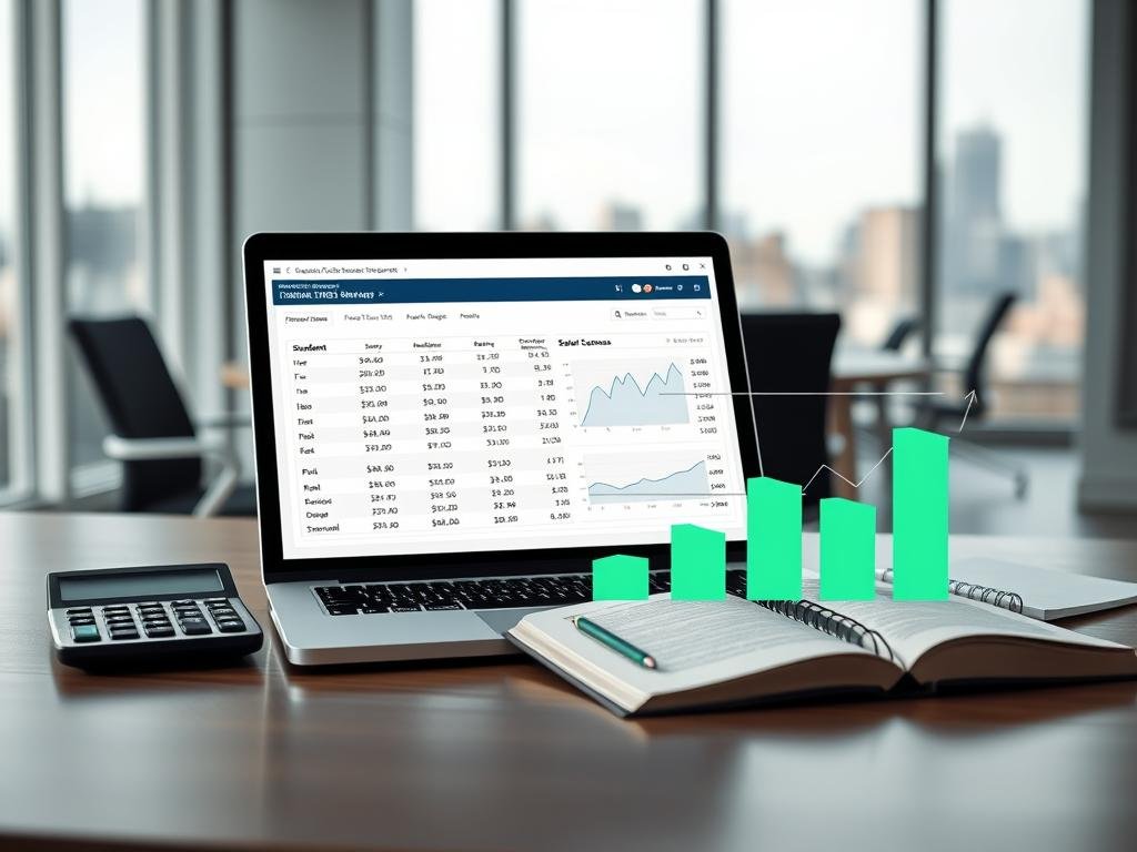 A professional financial visualization featuring a stylized financial snapshot. In the foreground, a neatly arranged desk with a laptop displaying a well-organized spreadsheet of salary, student loans, and reported expenses. Beside the laptop, a modern calculator and a notepad with bullet points highlighting key financial figures. In the middle ground, a sleek financial graph chart showing trends in debt and income, all rendered in muted blues and greens for a calming effect. The background includes a partially blurred office space with a large window offering a view of a city skyline, allowing natural light to illuminate the scene. The overall mood is focused and analytical, reflecting a serious approach to financial management in a business setting.