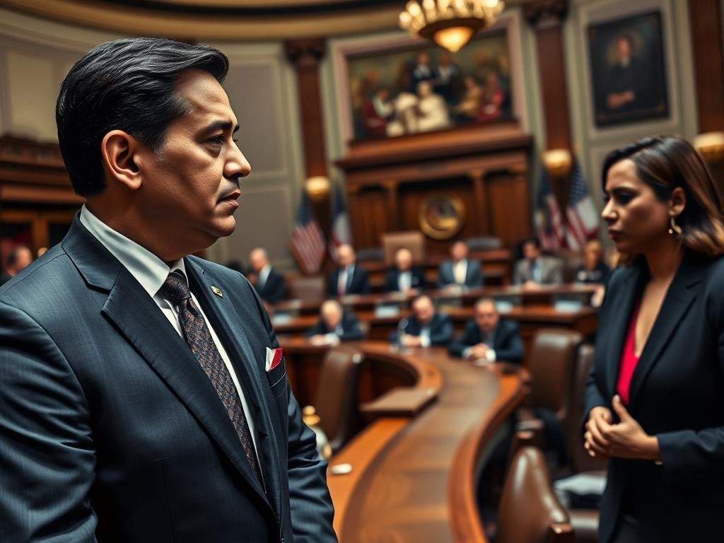 A professional setting depicting a Florida Senator engaged in a heated discussion about immigration reform with colleagues in the U.S. Senate chamber. The foreground features the Senator, a Hispanic man in a sharp navy suit with a flag pin, accompanied by two other politicians of diverse backgrounds in business attire, deep in conversation. In the middle ground, the grand architecture of the Senate with wooden desks and American flags set the scene, while senators' chambers are visible in the background, conveying a sense of urgency. Soft, dramatic lighting casts shadows, enhancing the tension of the moment. The mood is focused and serious, illustrating the complexities of U.S. Senate dynamics amidst current political issues. No text or logos are present.
