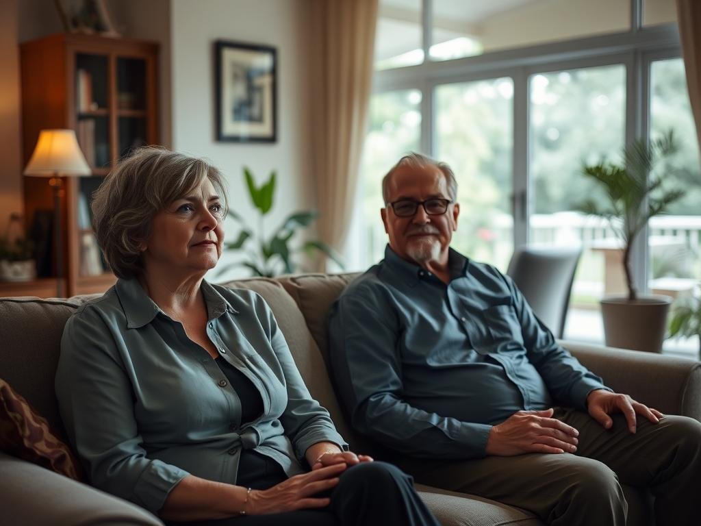 A serene and intimate indoor scene depicting a modestly decorated living room, where Joyce Mitchell, a middle-aged woman with a thoughtful expression, sits on a comfortable couch. She is dressed in casual, professional attire, exuding a calm demeanor. Next to her is Lyle Mitchell, a similarly aged man, wearing a smart business casual shirt, appearing engaged in conversation with Joyce. The lighting is soft, creating a warm and inviting atmosphere, while a large window in the background offers a glimpse of a tranquil garden outside, adding a touch of nature. The scene captures a moment of connection and contemplation, emphasizing the theme of marriage and family. The camera angle is slightly elevated, focusing on their expressions and body language, evoking a sense of intimacy and reflection on their relationship.