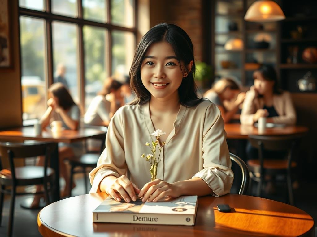 A serene café setting in the foreground where a young woman sits at a table, dressed in modest, stylish clothing, embodying a demure demeanor. She has a gentle smile, with her hands gracefully resting on a book titled "Demure" in front of her. Soft, warm lighting casts an inviting glow, highlighting her thoughtful expression. In the middle, a small vase with delicate flowers adds a touch of elegance. The background features a cozy, softly blurred scene of café patrons engaged in quiet conversation, creating a peaceful atmosphere. The angle is slightly from above, capturing the essence of her introspective moment, with sunlight streaming through the window, adding a touch of warmth to the overall mood.