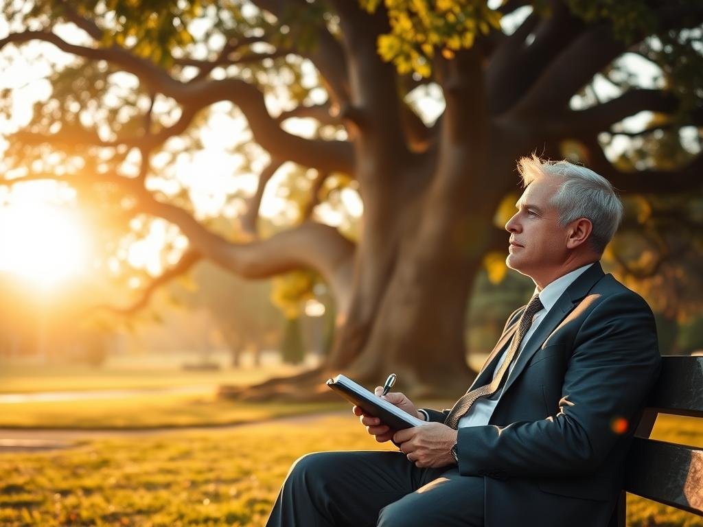 A serene, contemplative scene set in a sunlit park during early morning. In the foreground, a man in professional business attire sits on a park bench, holding a journal and a pen, reflecting deep thought. He has a gentle expression, symbolizing resilience and hope. In the middle ground, a large ancient tree represents strength, with its roots visible, symbolizing principles and faith grounding him. The background features a soft-focus sunrise, casting warm golden hues, creating an uplifting atmosphere. The soft light filters through the leaves, illuminating the scene with an ethereal glow, evoking a sense of renewal and possibility. The overall mood is one of reflection and growth, embodying the journey from betrayal to rebuilding life with faith and principles.