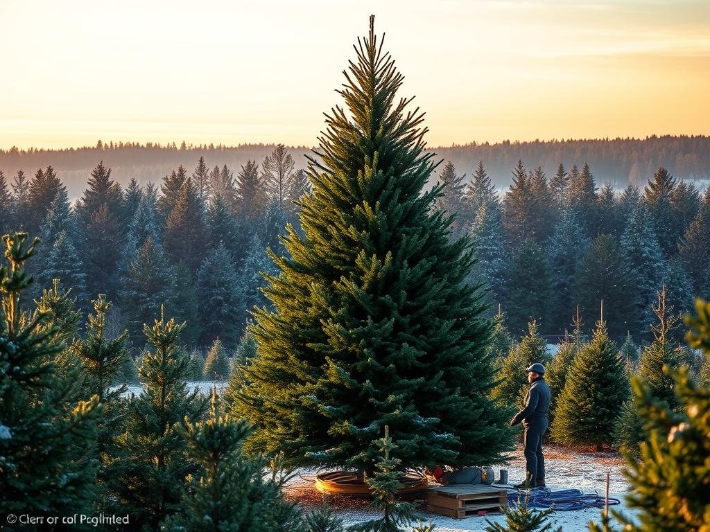 A serene forest setting revealing the majestic Norway spruce that has been chosen as this year’s Rockefeller Center Christmas tree. In the foreground, the tree stands tall, adorned with vibrant green needles and hints of snow dusting its branches. The middle ground features a sense of anticipation, with workers carefully preparing the tree for its journey to New York City, surrounded by tools and ropes. In the background, a picturesque winter landscape showcases softly falling snowflakes and distant evergreen trees under a gently lit, pastel sunset sky. The lighting is warm and inviting, casting a golden hue over the scene, evoking a mood of holiday cheer and community spirit. Use a slightly elevated angle to capture both the grandeur of the tree and the intimacy of the surrounding environment.