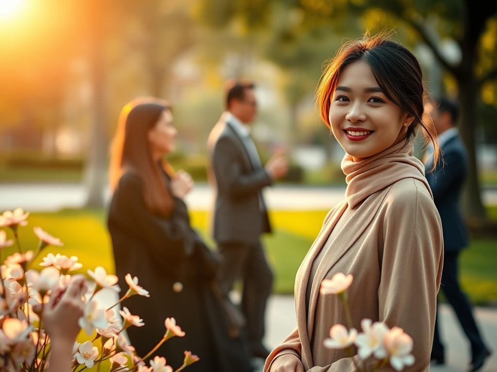 A serene scene showcasing the essence of 'Demure Artinya.' In the foreground, a modestly dressed young woman in her mid-20s, wearing elegant yet understated professional attire, stands gracefully with a gentle smile, exuding a sense of calm and poise. Her hair is styled neatly, and she is surrounded by soft, pastel-colored flowers that symbolize subtle beauty. In the middle ground, softly blurred silhouettes of other fashionably dressed individuals engage in light conversation, hinting at a social setting without distraction. The background features a softly lit urban park, bathed in warm, golden hour sunlight, creating a tranquil atmosphere. The overall mood is peaceful and refined, inviting viewers to reflect on the beauty of modesty and sophistication. Use a soft focus lens effect to enhance the dreamlike quality of the scene.