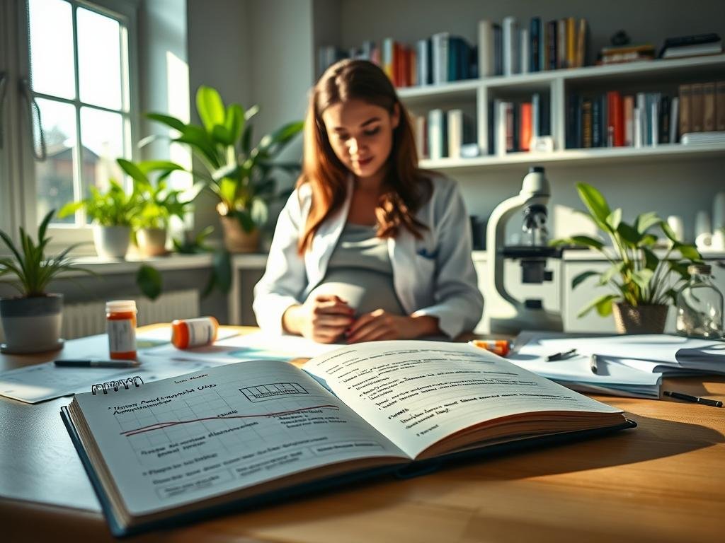A serene, softly lit laboratory setting portrays a pregnant woman in professional attire, sitting at a table surrounded by scientific materials. She is examining a bottle of acetaminophen, with scattered research papers, graphs showing correlations between acetaminophen use, autism rates, and pregnancy outcomes, and a microscope in the background. The foreground features an open notebook filled with notes, highlighting critical points about the research. Natural light filters through a window, casting gentle shadows and creating a calm atmosphere. In the background, shelves lined with medical books and vibrant green plants add depth, presenting a balance of nature and science. The mood is contemplative and informative, inviting viewers to reflect on the complexities of the topic.