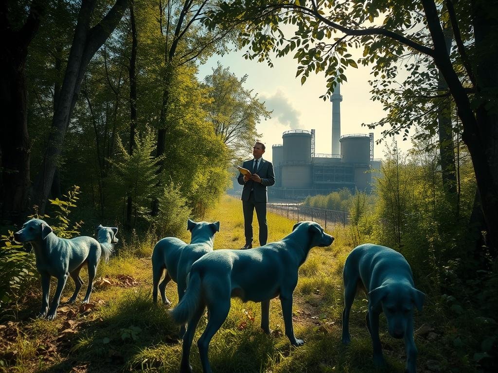 A serene yet thought-provoking scene depicting the aftermath of Chernobyl, set in a lush, overgrown environment. In the foreground, several blue-colored dogs wander curiously, their fur shining subtly under soft, dappled sunlight filtering through the trees. In the middle ground, a researcher in professional attire observes these dogs, notebook in hand, embodying the pursuit of scientific truth. The background reveals the iconic abandoned nuclear power plant, partially shrouded in mist, emphasizing the juxtaposition of nature and decay. The mood is contemplative and slightly eerie, suggesting the tension between myth and reality. Use a wide-angle lens to capture the expansive scene, ensuring the lighting evokes a sense of mystery and investigation.