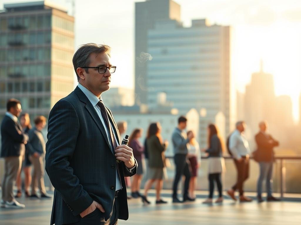 A serene yet thought-provoking scene focusing on public health themes. In the foreground, a figure in professional business attire stands, appearing contemplative and slightly anxious, holding a vape pen that emits faint wisps of vapor. The middle layer features a diverse group of individuals, including teens and adults, engaging in conversations, showcasing various expressions of concern and curiosity towards vaping. In the background, a cityscape of Minneapolis is depicted, with soft sunlight filtering through the buildings, creating a warm, reflective atmosphere. The lens captures a slight depth of field, bringing the foreground figure into sharp focus while the background blurs gently, emphasizing the emotional weight of the subject matter. Overall, the mood conveys a balance of concern and hope, illustrating the complexities of vaping, anxiety, and harm perception in a public health context.