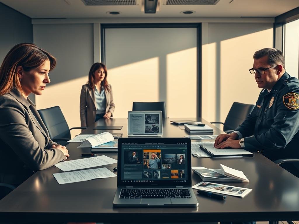 A somber and professional scene depicting a law enforcement briefing in a modern conference room. In the foreground, a group of three individuals in business attire—a determined female detective, a focused male attorney, and a thoughtful male police chief—are engaged in serious discussion, their expressions reflecting a mix of concern and determination. The middle ground features a large conference table scattered with legal documents, photographs, and a laptop displaying crime scene evidence. In the background, a large window allows natural light to stream in, casting soft shadows across the room. The atmosphere is tense yet focused, underscored by a subtle warm color palette. The image captures a sense of urgency, reflecting the critical nature of the ongoing investigation.