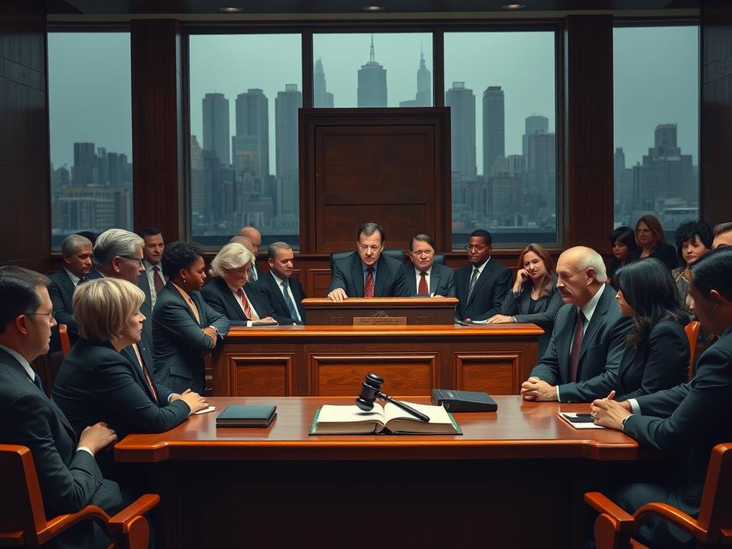A somber courtroom scene capturing the significance of a guilty plea in a high-profile Queens case. In the foreground, a diverse group of professionals in business attire, including lawyers and judges, are depicted engaged in serious discussions. The middle ground features a wooden judge’s bench with legal books and a gavel, emphasizing the gravity of the situation. In the background, a subtle hint of a city skyline through large windows indicates the location. The lighting is soft yet dramatic, highlighting the faces of the individuals while casting shadows that evoke a mood of tension and resolution. The image should convey a sense of justice being served, with an air of solemnity and trust in the legal process.