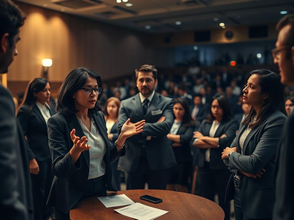 A somber scene depicting a diverse group of individuals in a formal setting, dressed in professional business attire, engaged in animated discussions. In the foreground, a concerned woman gestures passionately, while a man stands with crossed arms, looking contemplative. The middle ground features a round table with documents and a cellphone, symbolizing communication and reactions. In the background, a dimly lit auditorium filled with shadowy figures suggests a larger audience reacting to the unfolding events. Soft, warm lighting illuminates the subjects, creating a mood of tension and reflection. The composition captures the essence of backlash and safety concerns, emphasizing the gravity of the situation with a slightly blurred depth of field to focus on the foreground.
